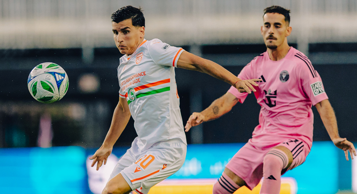 Players from Miami FC and Inter Miami CF II battle for the ball in the Second Round of the 2025 US Open Cup. Photo: Miami FC