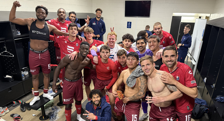 North Carolina FC players celebrate after defeating Charlotte Independence 3-1 in the Third Round of the 2025 US Open Cup. Photo: North Carolina FC