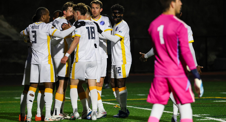 Westchester SC players celebrate after scoring a goal against NY Pancyprian Freedoms in the Second Round of the 2025 US Open Cup. Photo: Westchester SC