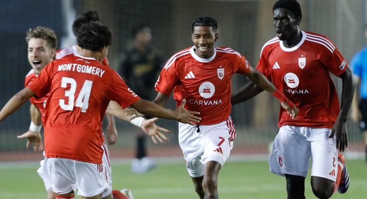 Players from Phoenix Rising FC celebrate after scoring a goal against FC Tulsa in the Third Round of the 2025 US Open Cup. Photo: FC Tulsa