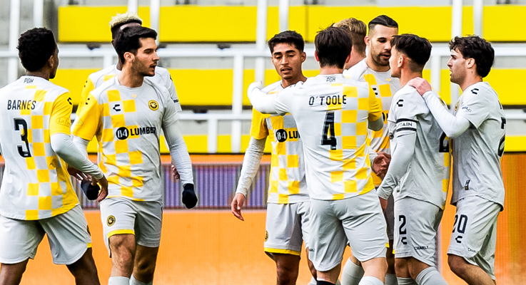 Players from the Pittsburgh Riverehounds celebrate after scoring a goal against the Columbus Crew 2 in the Third Round of the 2025 US Open Cup. Photo: Saif Greco - Riverhounds SC