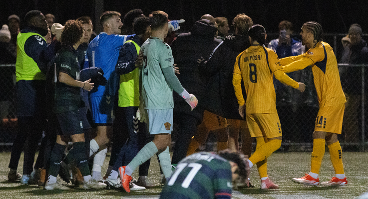 Emotions run high between players from Portland Hearts of Pine and Rhode Island FC in the Third Round of the 2025 US Open Cup. Photo: Parker Hyunh Benningfield - TheCup.us