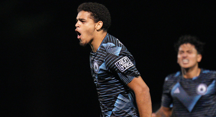 Osaze De Rosario of Tacoma Defiance celebrates after scoring a goal against Oakland Roots SC in the Third Round of the 2025 US Open Cup. Photo: Seattle Sounders FC Communications