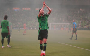 Ilie Sanchez of Austin FC celebrates after scoring a goal against the Houston Dynamo in the Fifth Round of the 2025 US Open Cup. Photo: Laura Gallo