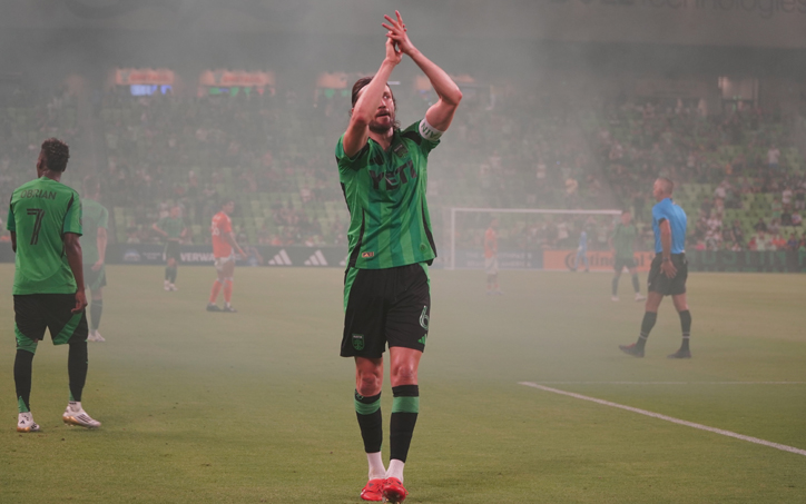 Ilie Sanchez of Austin FC celebrates after scoring a goal against the Houston Dynamo in the Fifth Round of the 2025 US Open Cup. Photo: Laura Gallo
