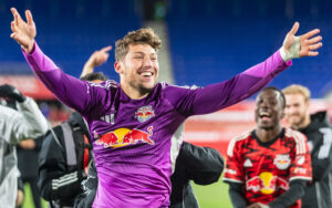 Anthony Marcucci (purple) of the New York Red Bulls celebrates after winning a PK shootout 4-3 over FC Dallas in the Fifth Round of the 2025 US Open Cup. Photo: John Perdicaro