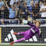 Andrew Rick of the Philadelphia Union makes a deciding PK save against Indy Eleven in the Fourth Round of the 2025 US Open Cup. Photo: Don Robson - Philadelphia Soccer Now