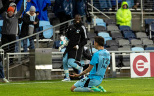 Minnesota United defender Anthony Markanich (13) celebrates after scoring the game winning goal during the 2025 US Open Cup Round of 16 match against St. Louis CITY. Photo: Steffenhagen Photography - Northland Soccer Journal