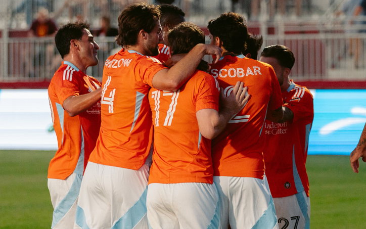 Houston Dynamo players celebrate after scoring a goal against Phoenix Rising FC in the Fourth Round of the 2025 US Open Cup. Photo: Houston Dynamo FC