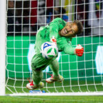 Jordan Farr of D.C. United makes a save in the PK shootout against Charlotte FC in the Fifth Round of the 2025 US Open Cup. Photo: D.C. United