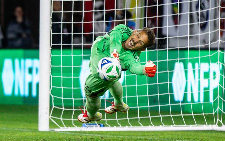 Jordan Farr of D.C. United makes a save in the PK shootout against Charlotte FC in the Fifth Round of the 2025 US Open Cup. Photo: D.C. United
