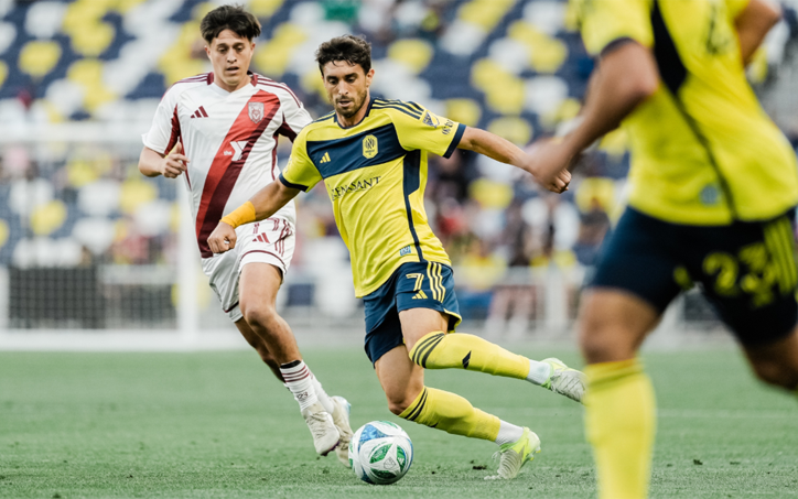 Gaston Brugman of Nashville SC dribbles against Chattanooga Red Wolves SC in the Fourth Round of the 2025 US Open Cup. Photo: Nashville SC