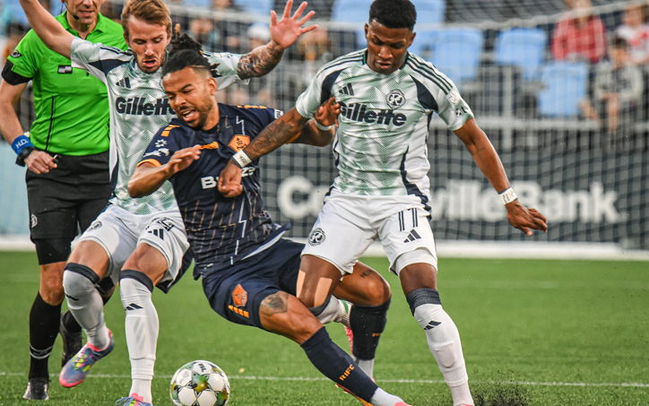 Players from the New England Revolution and Rhode Island FC battle for the ball in the Fourth Round of the 2025 US Open Cup. Photo: Mathieu Starke