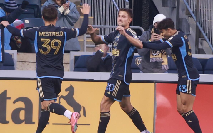 Philadelphia Union players celebrate after scoring a goal against the Pittsburgh Riverhounds in the Fifth Round of the 2025 US Open Cup. Photo: Matt Ralph - Philadelphia Soccer Now