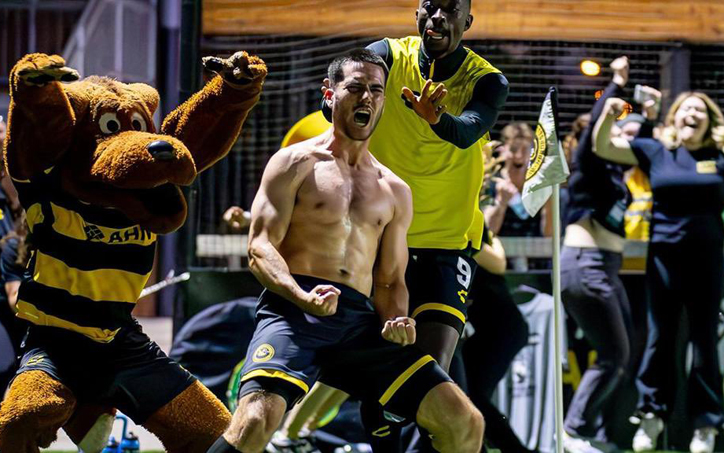Roberto "Beto" Ydrach of the Pittsburgh Riverhounds celebrates after scoring the game-winning goal against New York City FC in the Fourth Round of the 2025 US Open Cup. Photo: Chris Cowger - Pittsburgh Riverhounds SC