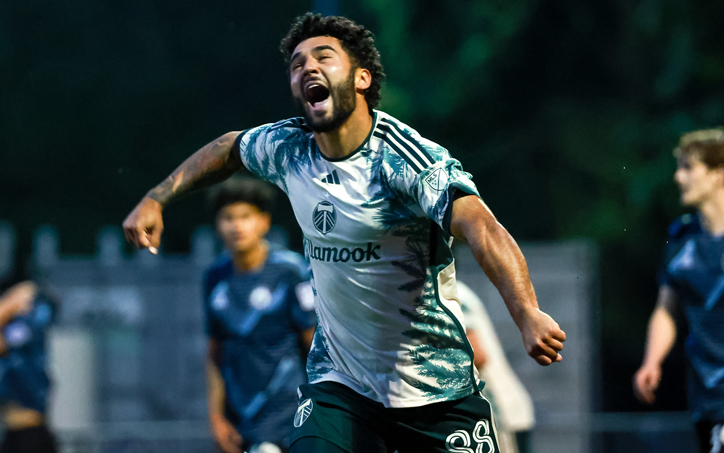 Andrew Guerra of the Portland Timbers celebrates after scoring a goal against Tacoma Defiance in the Fourth Round of the 2025 US Open Cup. Photo: Portland Timbers FC