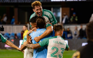 Austin FC players celebrate after defeating the San Jose Earthquakes 4-2 in penalty kicks in the 2025 US Open Cup Quarterfinals. Photo: Dario Cruz | FUTWRK
