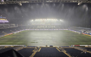 Heavy rain and lightning at Subaru Park forced the 2025 US Open Cup Quarterfinal match between the Philadelphia Union and the New York Red Bulls to be postponed. Photo: John Perdicaro