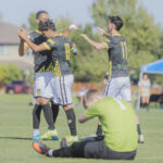 Boulder United players celebrate after scoring a goal against the Colorado Rovers in the First Round of the 2026 US Open Cup Qualifying tournament. Photo: Boulder United
