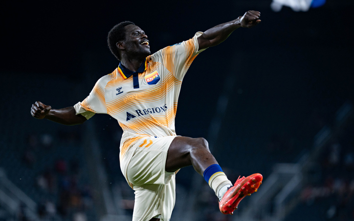 Babacar Diene of One Knoxville SC celebrates after scoring a goal against D.C. United in the Third Round of the 2026 US Open Cup. Photo: One Knoxville SC