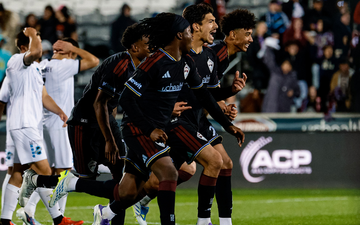 Colorado Rapids players celebrate after winning a PK shootout against Colorado Springs Switchbacks in the Round of 16 of the 2026 US Open Cup. Photo: Isaiah J. Downing/Switchbacks FC