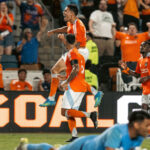 Ezequiel Ponce of the Houston Dynamo celebrates after scoring a goal against Louisville City in the Round of 16 of the 2026 US Open Cup. Photo: Aldo Canale - Bayou City Soccer