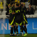 Columbus Crew players celebrate with Max Arfsten after he scored a goal against New York City FC in the Quarterfinals of the 2026 US Open Cup. Photo: Carlos Hernandez – Black Cat Photography – IG @black_catphoto