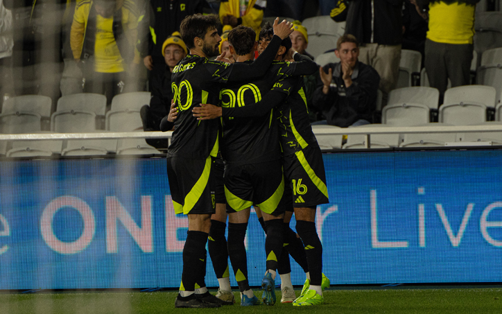 Columbus Crew players celebrate with Max Arfsten after he scored a goal against New York City FC in the Quarterfinals of the 2026 US Open Cup. Photo: Carlos Hernandez – Black Cat Photography – IG @black_catphoto