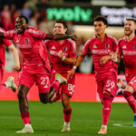 St. Louis CITY SC players celebrate after winning the PK shootout against the Houston Dynamo in the Quarterfinals of the 2026 US Open Cup. Photo: St. Louis CITY SC