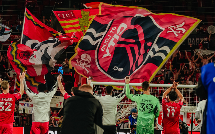 St. Louis CITY SC players celebrate with their fans after winning the PK shootout against the Houston Dynamo in the Quarterfinals of the 2026 US Open Cup. Photo: St. Louis CITY SC