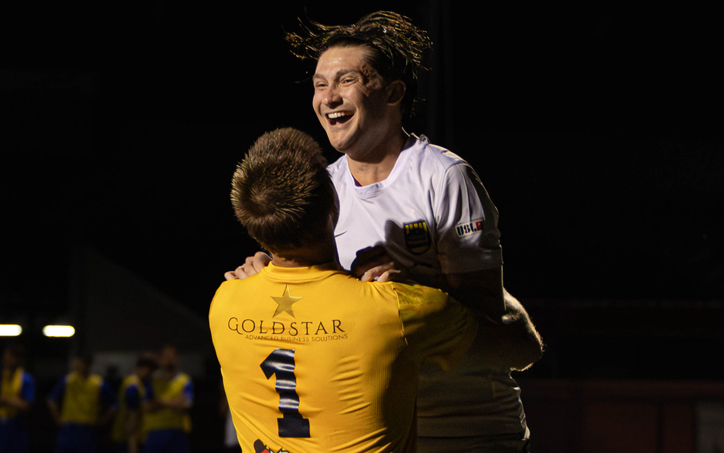 Players from Steel City FC celebrate after defeating Croatia Cleveland in the First Round of the 2027 US Open Cup Qualifying tournament. Photo: Carlos Hernandez – Black Cat Photography – IG @black_catphoto