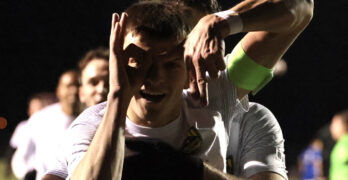 Steel City FC players celebrate after scoring a goal against Croatia Cleveland in a 2026 US Open Cup qualifier. Photo: Randy Werner