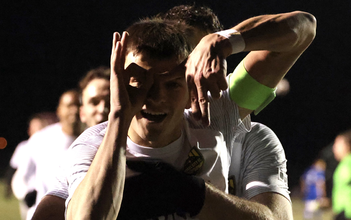 Steel City FC players celebrate after scoring a goal against Croatia Cleveland in a 2026 US Open Cup qualifier. Photo: Randy Werner